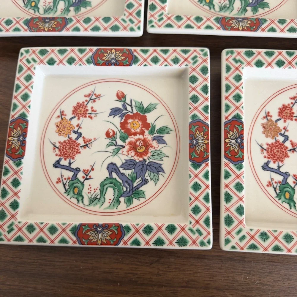 Vintage Imari Style Square Porcelain Appetizer Plates Set of 5 Floral Ceramic